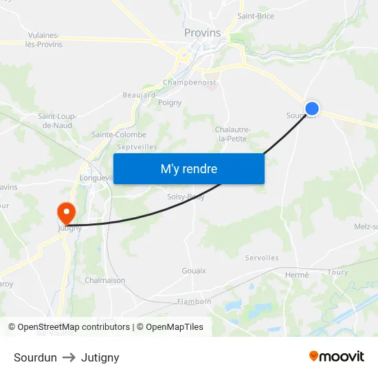 Sourdun to Jutigny map