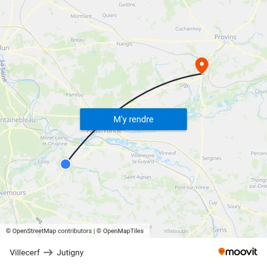 Villecerf to Jutigny map
