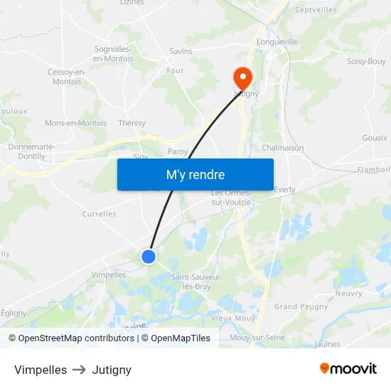 Vimpelles to Jutigny map