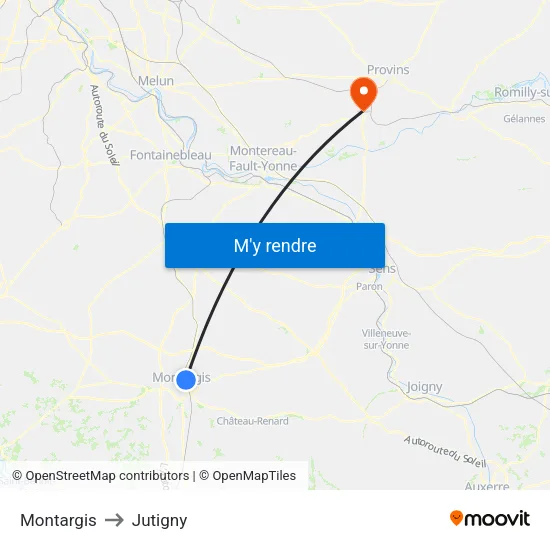 Montargis to Jutigny map