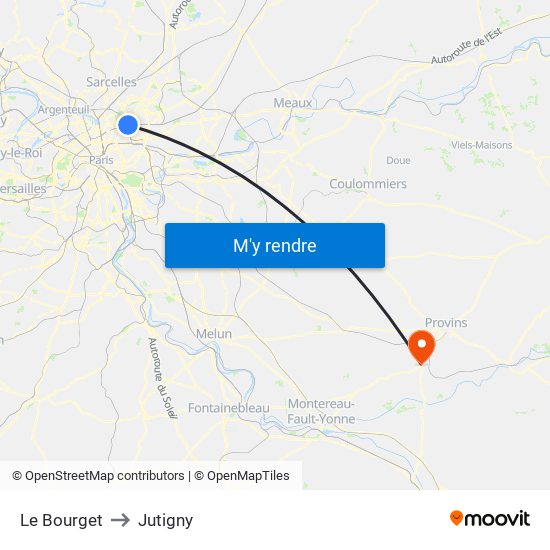 Le Bourget to Jutigny map