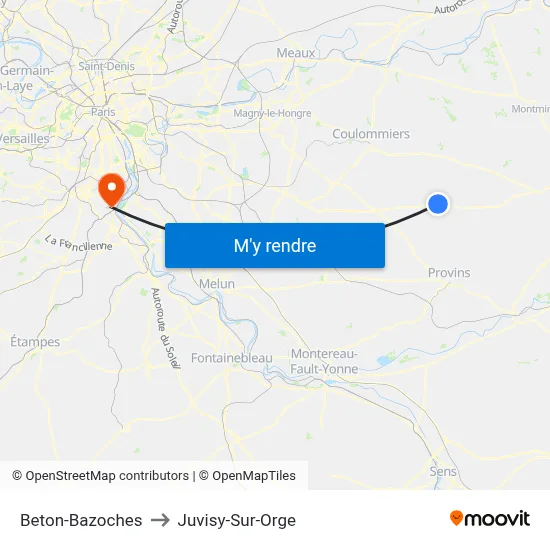 Beton-Bazoches to Juvisy-Sur-Orge map