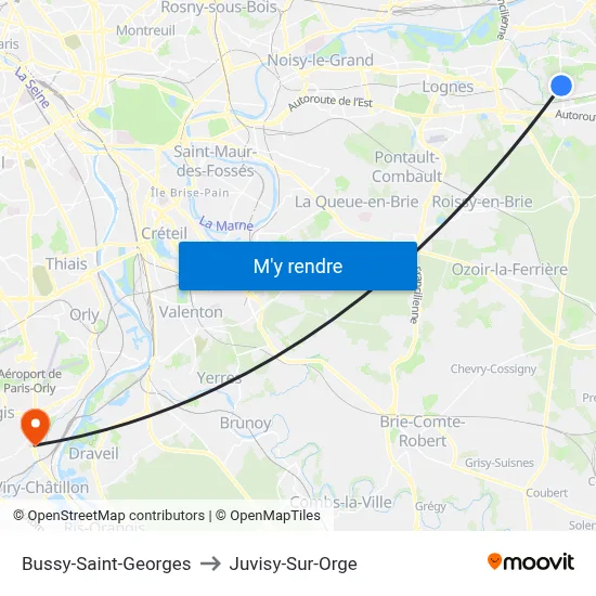 Bussy-Saint-Georges to Juvisy-Sur-Orge map