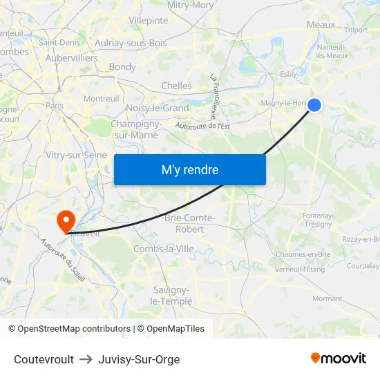 Coutevroult to Juvisy-Sur-Orge map