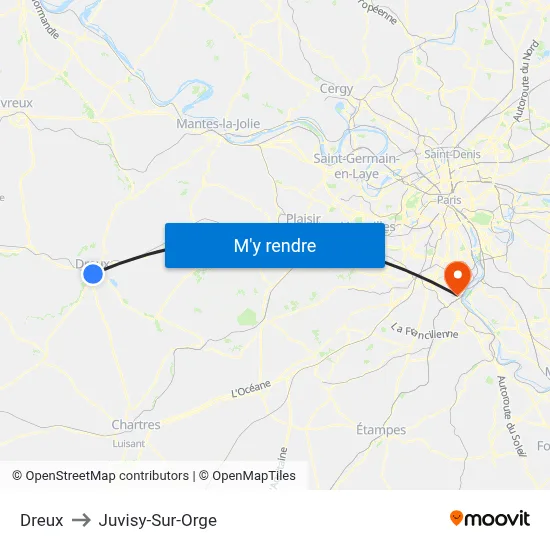 Dreux to Juvisy-Sur-Orge map