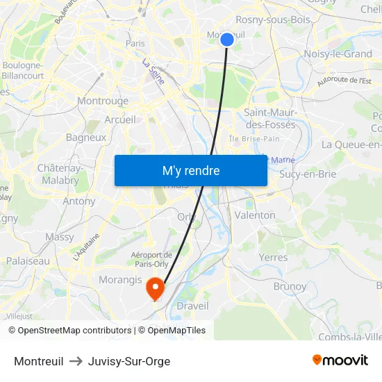 Montreuil to Juvisy-Sur-Orge map