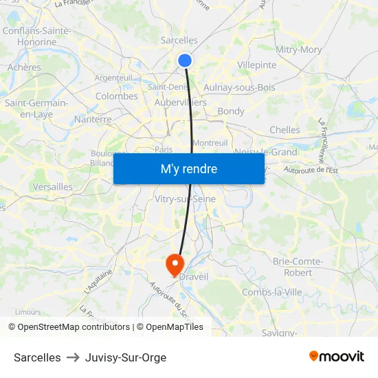 Sarcelles to Juvisy-Sur-Orge map