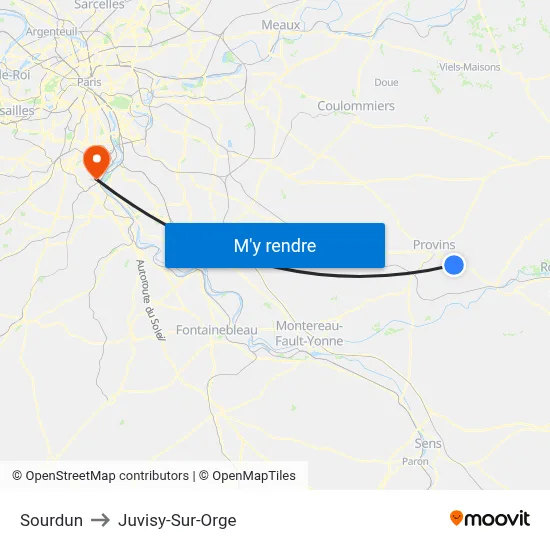 Sourdun to Juvisy-Sur-Orge map