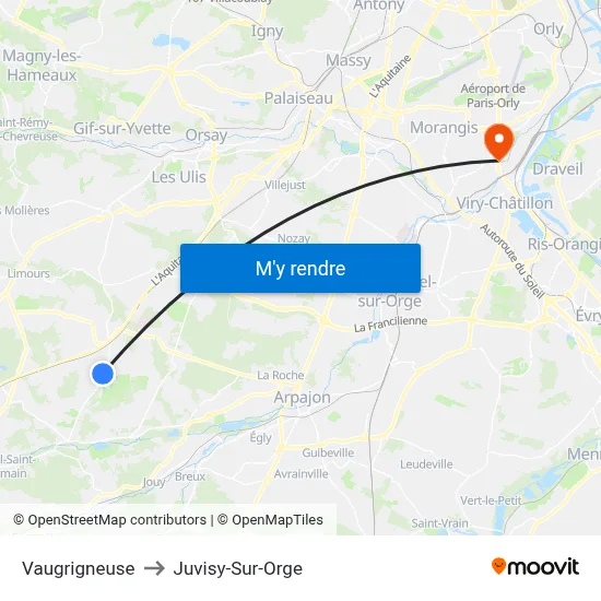 Vaugrigneuse to Juvisy-Sur-Orge map