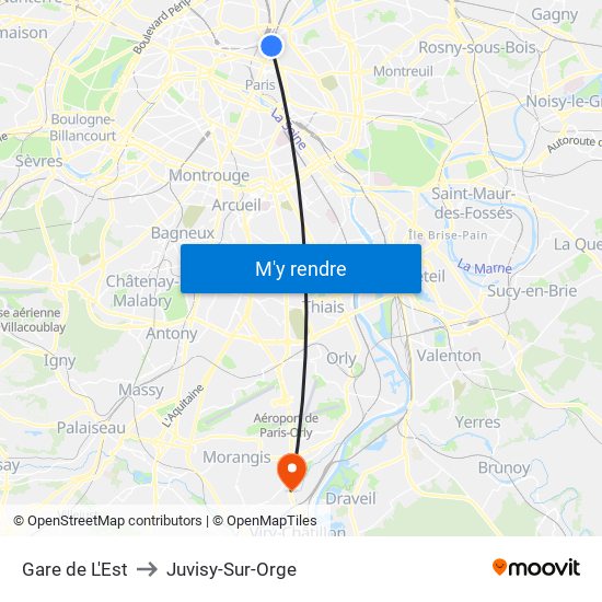 Gare de L'Est to Juvisy-Sur-Orge map