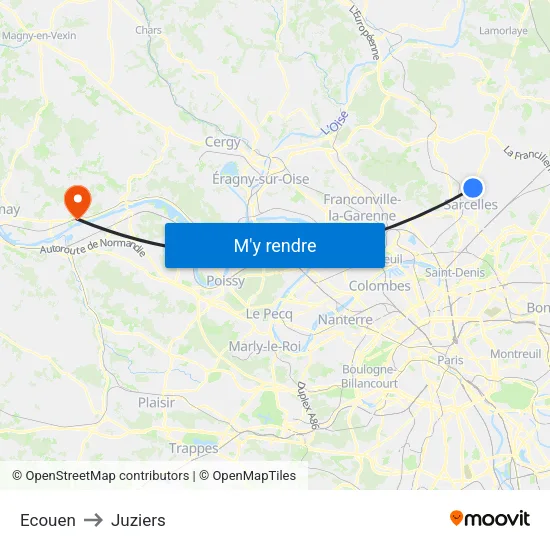 Ecouen to Juziers map