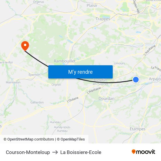 Courson-Monteloup to La Boissiere-Ecole map