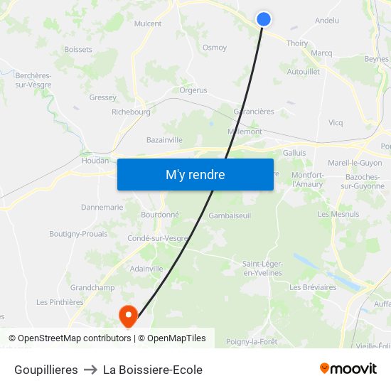 Goupillieres to La Boissiere-Ecole map