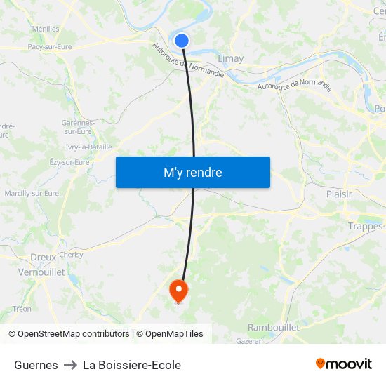 Guernes to La Boissiere-Ecole map