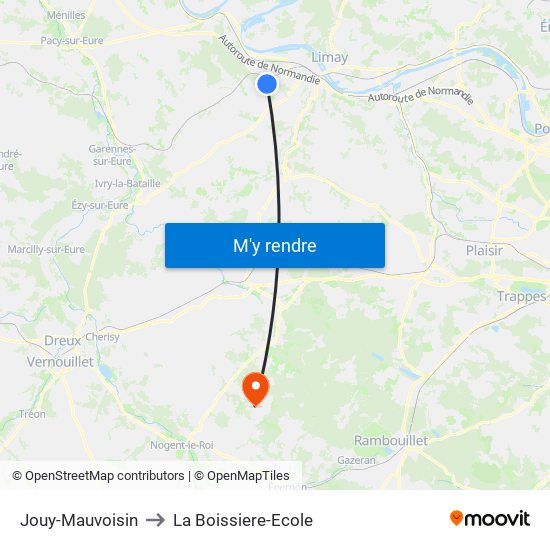 Jouy-Mauvoisin to La Boissiere-Ecole map