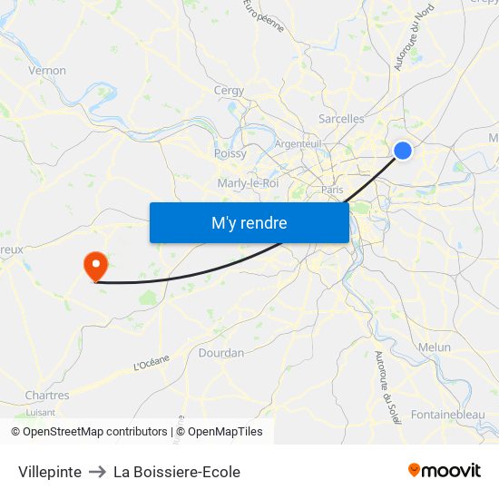 Villepinte to La Boissiere-Ecole map