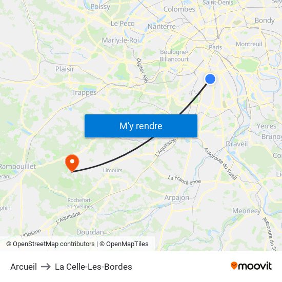 Arcueil to La Celle-Les-Bordes map