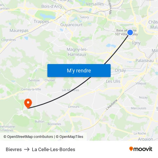 Bievres to La Celle-Les-Bordes map