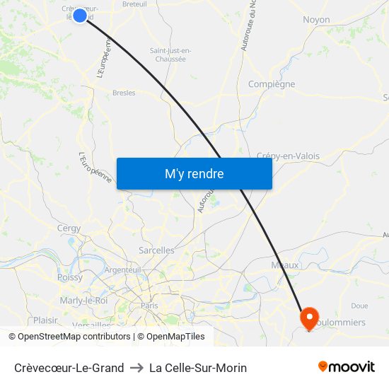 Crèvecœur-Le-Grand to La Celle-Sur-Morin map