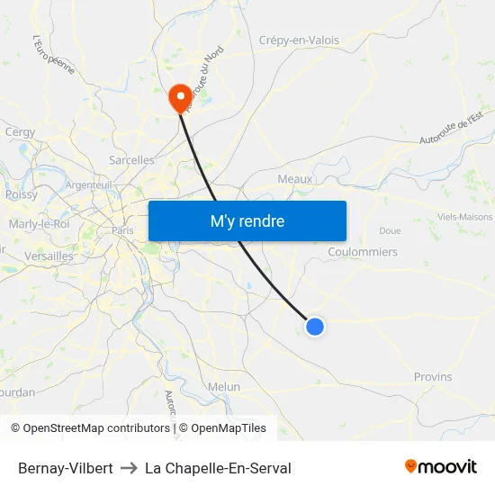 Bernay-Vilbert to La Chapelle-En-Serval map