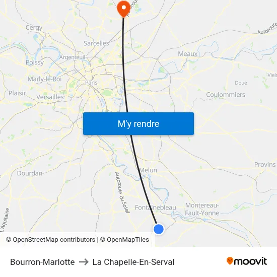 Bourron-Marlotte to La Chapelle-En-Serval map