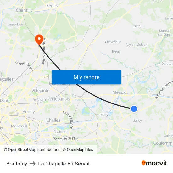 Boutigny to La Chapelle-En-Serval map