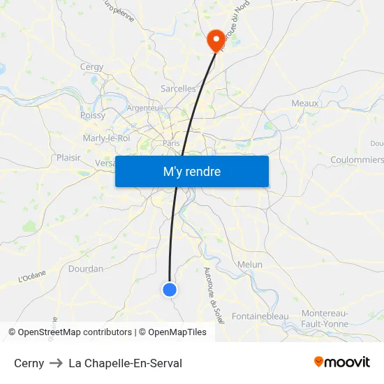 Cerny to La Chapelle-En-Serval map