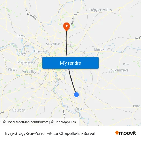 Evry-Gregy-Sur-Yerre to La Chapelle-En-Serval map