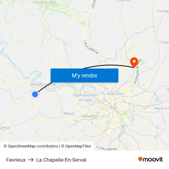 Favrieux to La Chapelle-En-Serval map