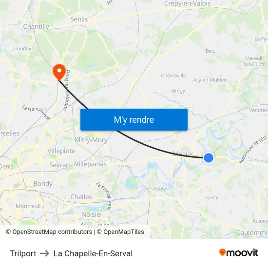 Trilport to La Chapelle-En-Serval map