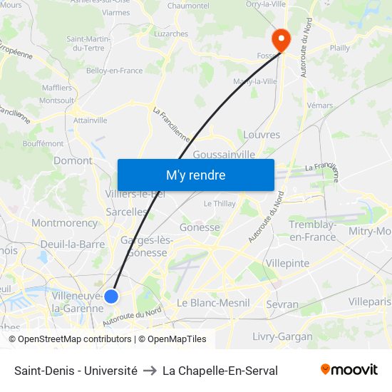 Saint-Denis - Université to La Chapelle-En-Serval map