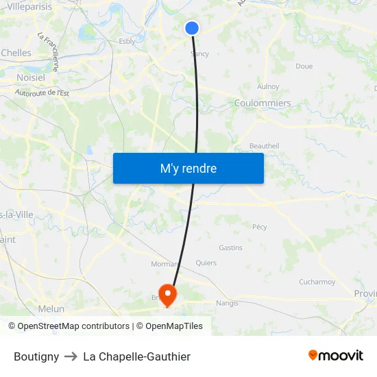 Boutigny to La Chapelle-Gauthier map