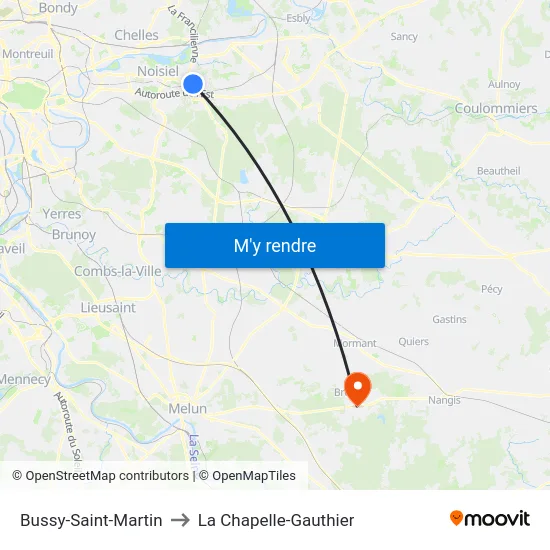 Bussy-Saint-Martin to La Chapelle-Gauthier map