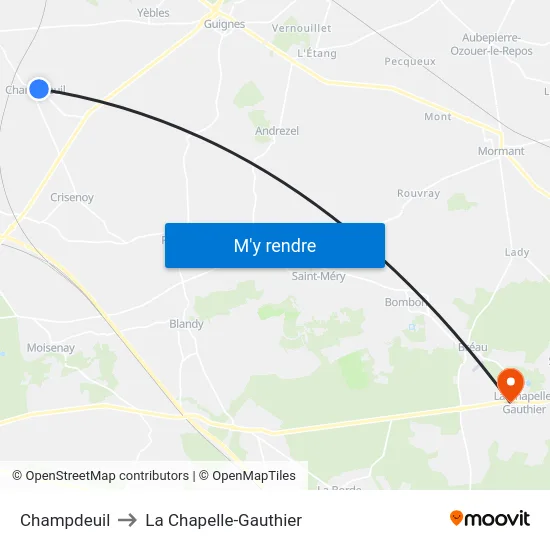 Champdeuil to La Chapelle-Gauthier map