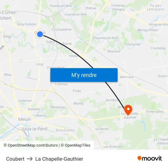 Coubert to La Chapelle-Gauthier map