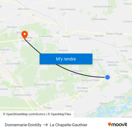Donnemarie-Dontilly to La Chapelle-Gauthier map