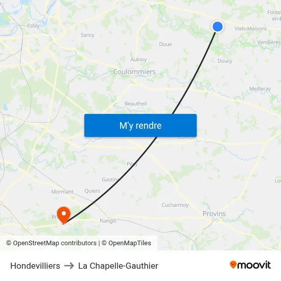 Hondevilliers to La Chapelle-Gauthier map