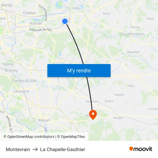 Montevrain to La Chapelle-Gauthier map
