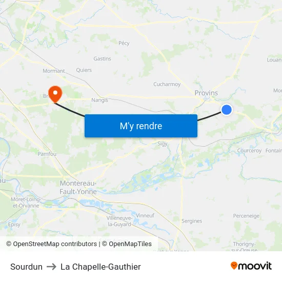 Sourdun to La Chapelle-Gauthier map
