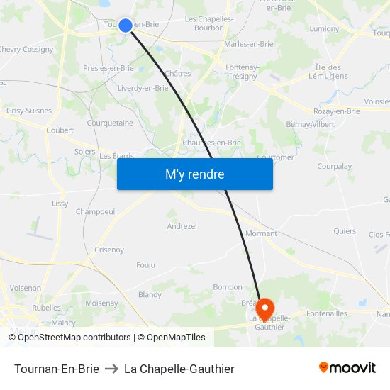 Tournan-En-Brie to La Chapelle-Gauthier map