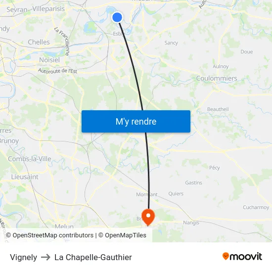 Vignely to La Chapelle-Gauthier map
