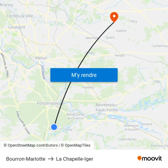 Bourron-Marlotte to La Chapelle-Iger map