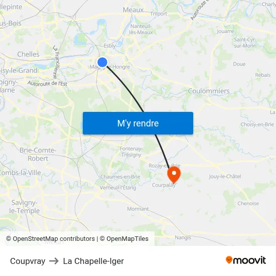 Coupvray to La Chapelle-Iger map