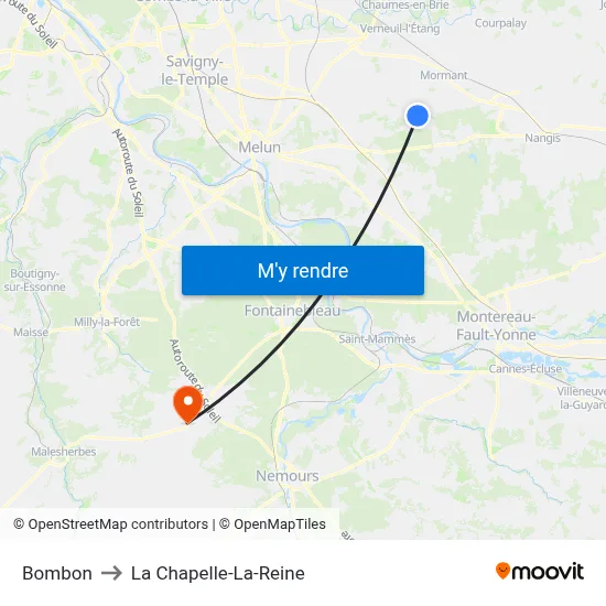 Bombon to La Chapelle-La-Reine map