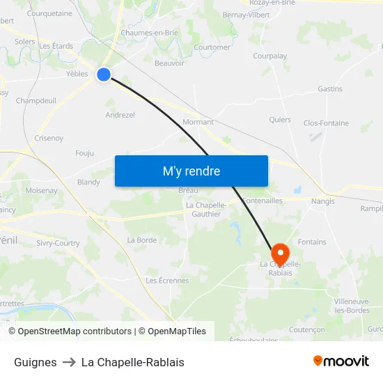 Guignes to La Chapelle-Rablais map
