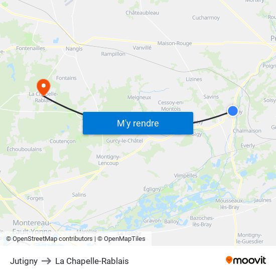 Jutigny to La Chapelle-Rablais map