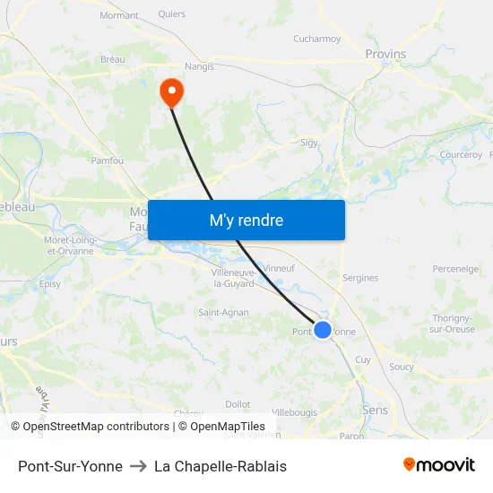 Pont-Sur-Yonne to La Chapelle-Rablais map