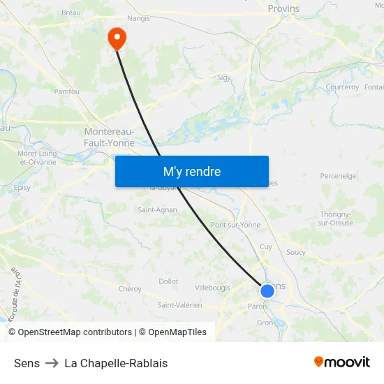 Sens to La Chapelle-Rablais map