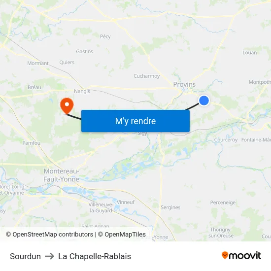 Sourdun to La Chapelle-Rablais map