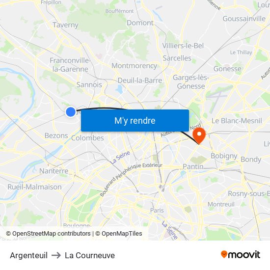 Argenteuil to La Courneuve map